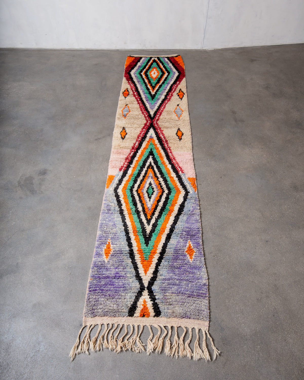 Modern, designer, handcrafted Berber runner rug from Morocco. Vintage carpet with beautiful colours and patterns and fluffy texture